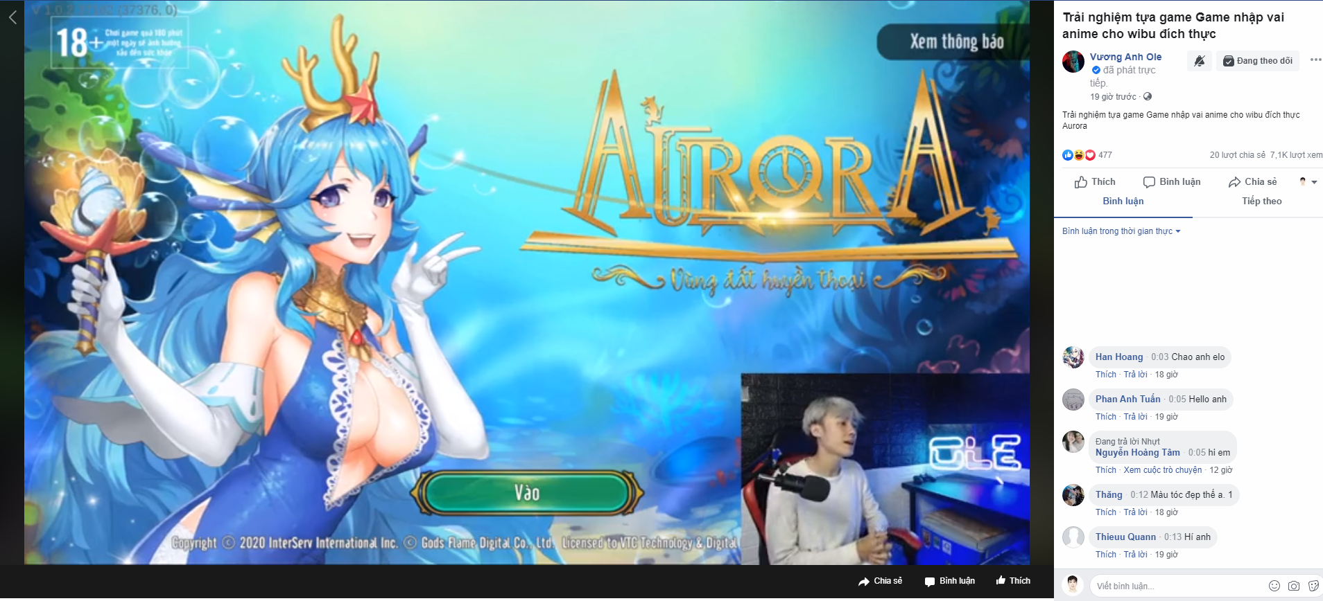 Diễn Viên, Người Mẫu Vương Anh Ole lập tức streaming Aurora - Vùng Đất Huyền Thoại chỉ vài giờ sau khi game ra mắt