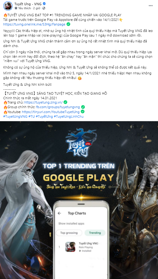 Tuyết Ưng VNG đạt ngay top 1 game nhập vai trên Google Play chỉ sau khi mở tải sớm 