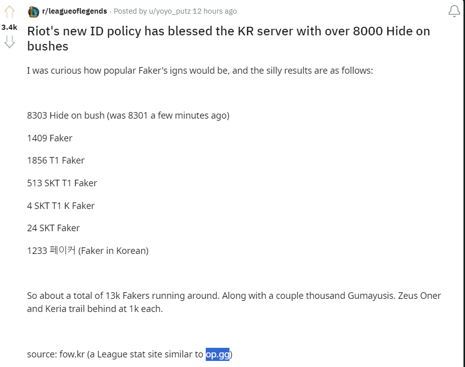 Fun fact: Có hơn 8000 "Hide on Bush" đã đản sinh tại server Hàn sau thay đổi ID Riot gần đây 