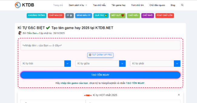Tạo tên ký tự đặc biệt chất nhất 2025 – Miễn Phí tại ktdb.net